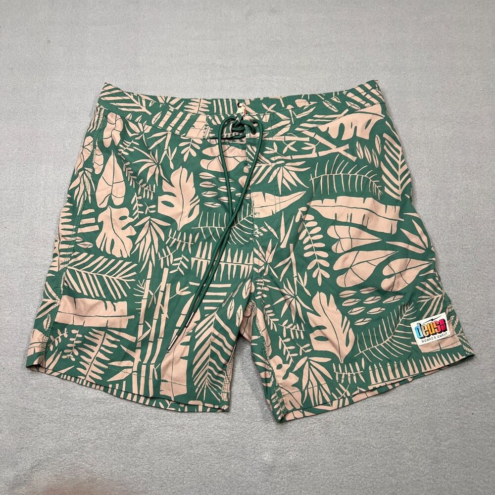 Deus Ex Machina Board Shorts Men's 34 Green Tan Tropical Leaf Print Swim Trunks